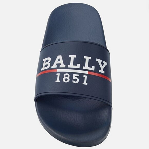 NEW BALLY SAMUEL LOGO SANDALS SLIDES !  8  INK NAVY WITH WHITE LETTERING  ITALY